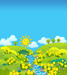Obraz premium cartoon scene with sunny summer meadow with yellow flowers - illustration for children