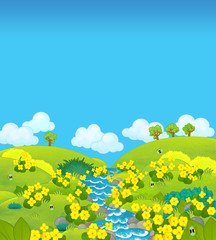 cartoon scene with sunny summer meadow with yellow flowers - illustration for children