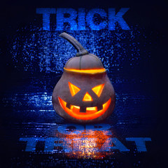 Halloween Pumpkin on dark blue glistening background. Halloween Pumpkin head jack lantern wearing a hat.