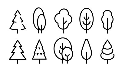 Tall Tree vector icons set. Simple flat line style icon design. Nature logo template. Outline drawing trees, isolated vector illustration.