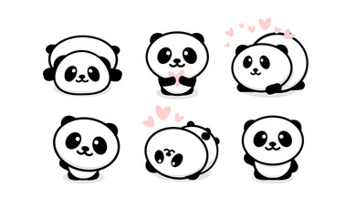 Friendly and cute pandas set. Chinese bear icons set. Cartoon panda logo template collection. Isolated vector illustration. - obrazy, fototapety, plakaty