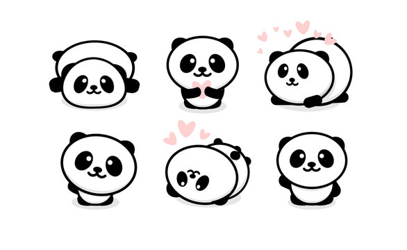 Friendly and cute pandas set. Chinese bear icons set. Cartoon panda logo template collection. Isolated vector illustration.