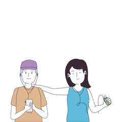 young couple friends listen music with player