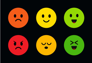 Fototapeta premium Multi-colored round cute faces with different facial expressions. Icons of face with different moods from evil to good, from happy to sad. Funny and cute emoticons on a black background. Vector icons.