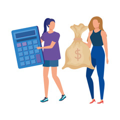 young women with calculator math and money sack