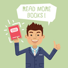 Illustration of a businessman with a book in his hand. Cheerful businessman holding a book and showing thumb up gesture. Read more books concept. Flat style vector illustration