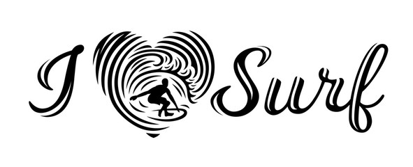I love surf, surfing - t-shirt print design, vector illustrations on white background