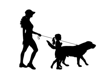 Vector silhouette of mother with daughter who walks with their dog with leash on white background. Symbol of animal,family, pet, friends,walk.