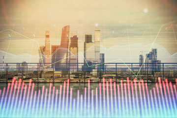 Forex graph hologram with city view from roof background. Double exposure. Financial analysis concept.