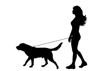 Vector silhouette of woman who walk with her dog with leash on white background. Symbol of animal, pet, friends,walk.