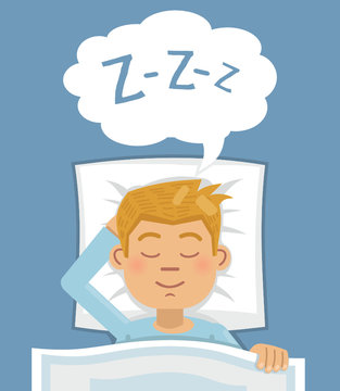 recommend clip art: Illustration of a man sleeping in bed. Sleeping man lying on a pillow and dreaming at night. Simple style vector illustration