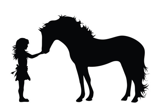 Vector silhouette of girl with horse on white background. Symbol of animal,friends,childhood,pet.