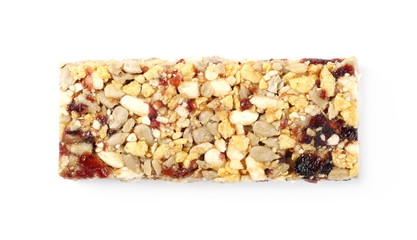 Granola muesli protein fruit bar with cranberries, isolated on white background, top view
