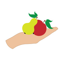 Vector illustration of a hand with apple and pear on white background. Symbol of fruit, vegetarian, food, crop, fresh, vegan.