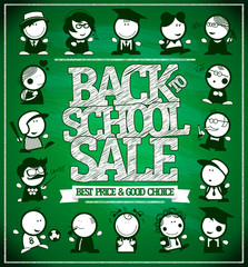 Back to school sale poster design concept with teachers, students and pupils cartoon figures