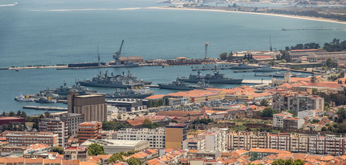 Aerial panoramic view of navy, warships in the port of Almada, Lisbon, Portugal