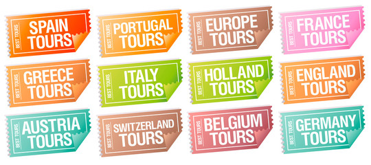 Best tours stickers in form of tickets of many countries