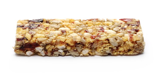 Granola muesli protein fruit bar with cranberries, isolated on white background