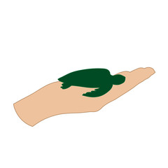 Vector illustration of a hand in a defensive gesture protecting a turtle. Symbol of animal,environmental, ecology, safe, care, protection.