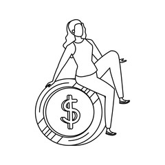 young woman seated in coin character