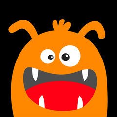 Monster head orange silhouette. Happy Halloween. Two eyes, ears, teeth fang, tongue. Cute cartoon kawaii funny character. Baby kids collection. Flat design. Black background.