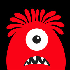 Monster head red silhouette. One eye, hair, teeth fang. Happy Halloween. Cute cartoon kawaii funny character. Baby kids collection. Flat design. Black background.