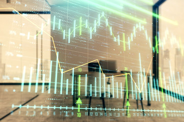 Forex chart hologram with minimalistic cabinet interior background. Double exposure. Stock market concept.