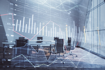 Multi exposure of stock market graph on conference room background. Concept of financial analysis