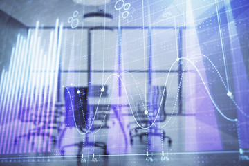 Multi exposure of stock market graph on conference room background. Concept of financial analysis