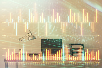 Fototapeta premium Stock market chart and desktop office computer background. Multi exposure. Concept of financial analysis.