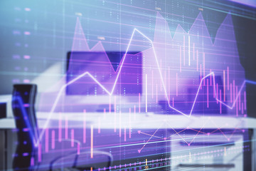 Stock market chart and desktop office computer background. Multi exposure. Concept of financial analysis.