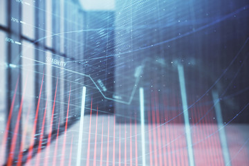 Double exposure of financial chart on empty room interior background. Forex market concept.