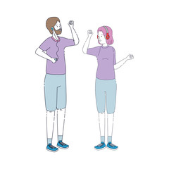 young couple friends listen music with player