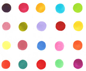 Pattern in multi-colored polka dots on a white background.Hand-drawn with alcohol-based markers