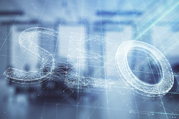 SEO icon hud with office interior on background. Double exposure. Concept of data search