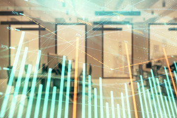 Stock market chart with trading desk bank office interior on background. Double exposure. Concept of financial analysis