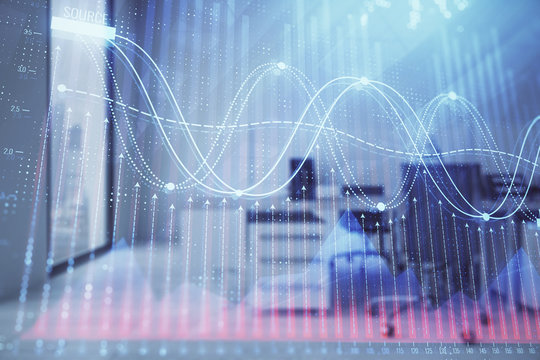 Stock market chart with trading desk bank office interior on background. Double exposure. Concept of financial analysis