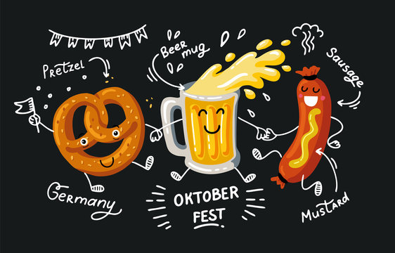 Lettering Oktoberfest- german beer festival in munich. Poster cartoon design. Kawaii characters Friends beer, pretzel, sausage dance. Fanny Template flat vector illustration for menu, card, print.