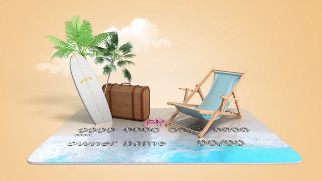 vacation savings concept payment of vouchers by card chaise lounge suitcase and palm trees stand on a credit card 3d render on color gradient