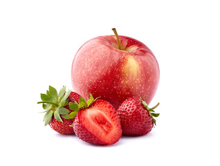 Red apple with strawberries on white background closeup