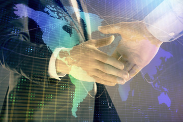Fototapeta na wymiar Multi exposure of world map on abstract background with two businessmen handshake. Concept of international business