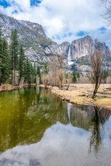 Yosemite fall reflection with the water during winter season