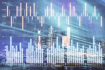 Double exposure of financial chart on Moscow city downtown background. Concept of stock market analysis