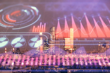 Double exposure of business drawing hologram on cityscape background.