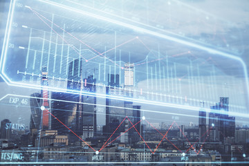 Double exposure of business drawing hologram on cityscape background.