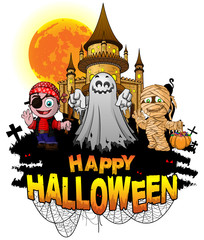 Fototapeta na wymiar Halloween Design template with castle, cast, mummy and pirate. Vector illustration.