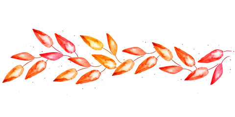 Autumn element for design: orange, yellow and red watercolor leaves and small drops on white background. For frame, card, paper and other decoration.