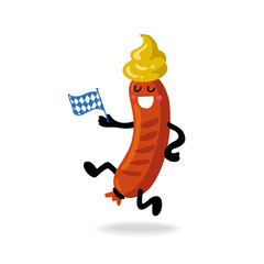 Oktoberfest- german beer festival in munich. Vintage food poster cartoon design. Funny kawaii sausage with mustard dance and holding the flag of Bavarian. Template flat vector illustration