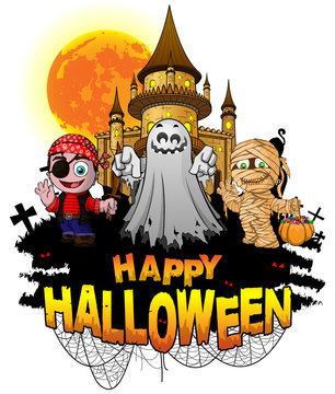 Halloween Design template with castle, cast, mummy and pirate. Vector illustration.