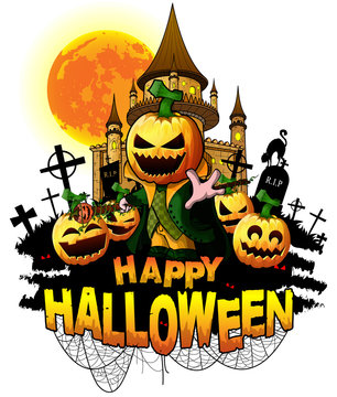 Halloween Design template with castle and scarecrow. Vector illustration.